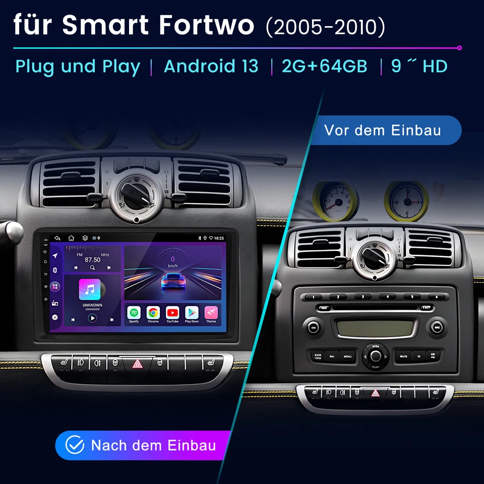 Carplay Android14 2+64G Autoradio GPS Navi Für Benz Smart Fortwo 451 454 2005-10 - Bild 2 von 4