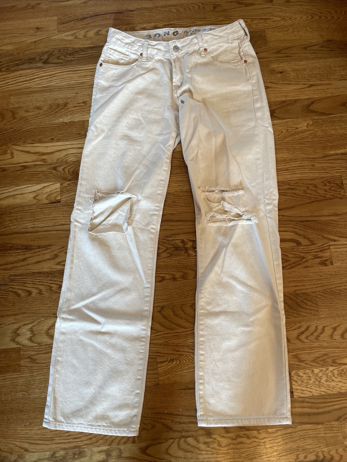 S.O.N.G Womens Size 5/27 Cream Denim Distressed Jean 90s Boyfriend 30” Waist
