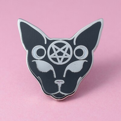 Gothic Katze Pin Anstecker Brosche Pentagramm Halbmond Triple Moon Mystic Pagan Sphinx