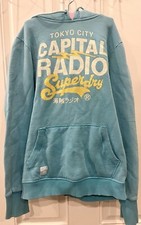 Vintage SuperDry Tokyo Capital Radio Hoodie Size S Lt. Blue Sweatshirt Japan