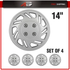 Set of 4 14 Inch Silver Snap On Full Hub Caps Wheel Covers Fit R14 Tire & Rim