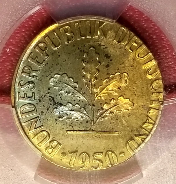 GERMANY WRONG PLANCHET ERROR! 1950-F 10 PFENNIG STRUCK ON 5 PFENNIG PCGS MS-65! - Image 2 of 3