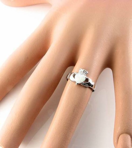 CLASS 9CT WHITE GOLD CLADDAGH OPAL HEART ART DECO INS RING FREE SIZING - Picture 6 of 6