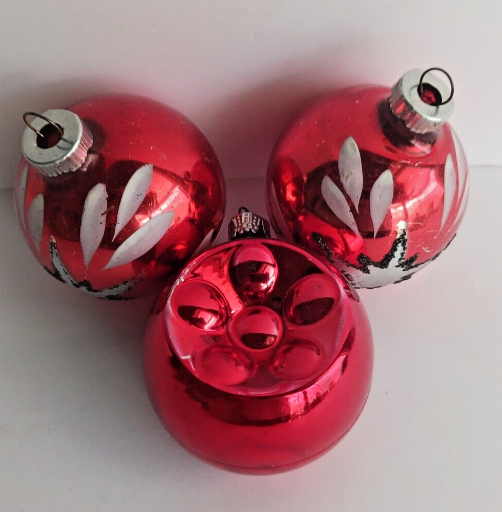 Vintage Lot of 3 Red Glass Christmas Tree Ornaments West Germany Star