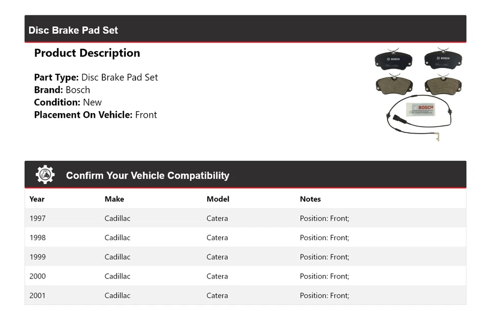 For 1997-2001 Cadillac Catera Bosch QuietCast Semi-Metallic Brake Pads Front - Image 2 of 3