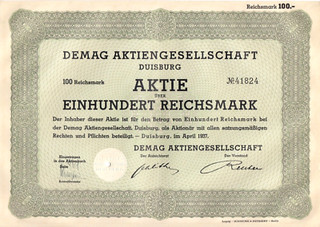 DEMAG Aktiengesellschaft Aktie über 100 Reichsmark Duisburg im April 1937
