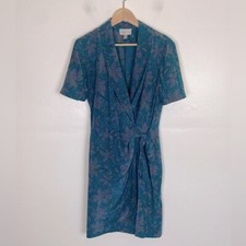 Adrianna Papell Silk Floral Faux Wrap Midi Dress Size 10 Blue Short Sleeves