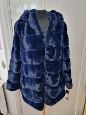 Bcbgmaxazria Felicia Sapphire Blue Cozy Grooved Faux Fur Hooded Coat Size M New