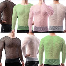 Mens Fishnet Shirts Mesh Transparent Long-Sleeve Muscle T-Shirt Undershirt Tops