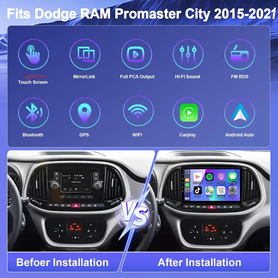 For 2015-2021 Dodge RAM Promaster City Car Radio Stereo Carplay Headunit Android Foto 4 de 4