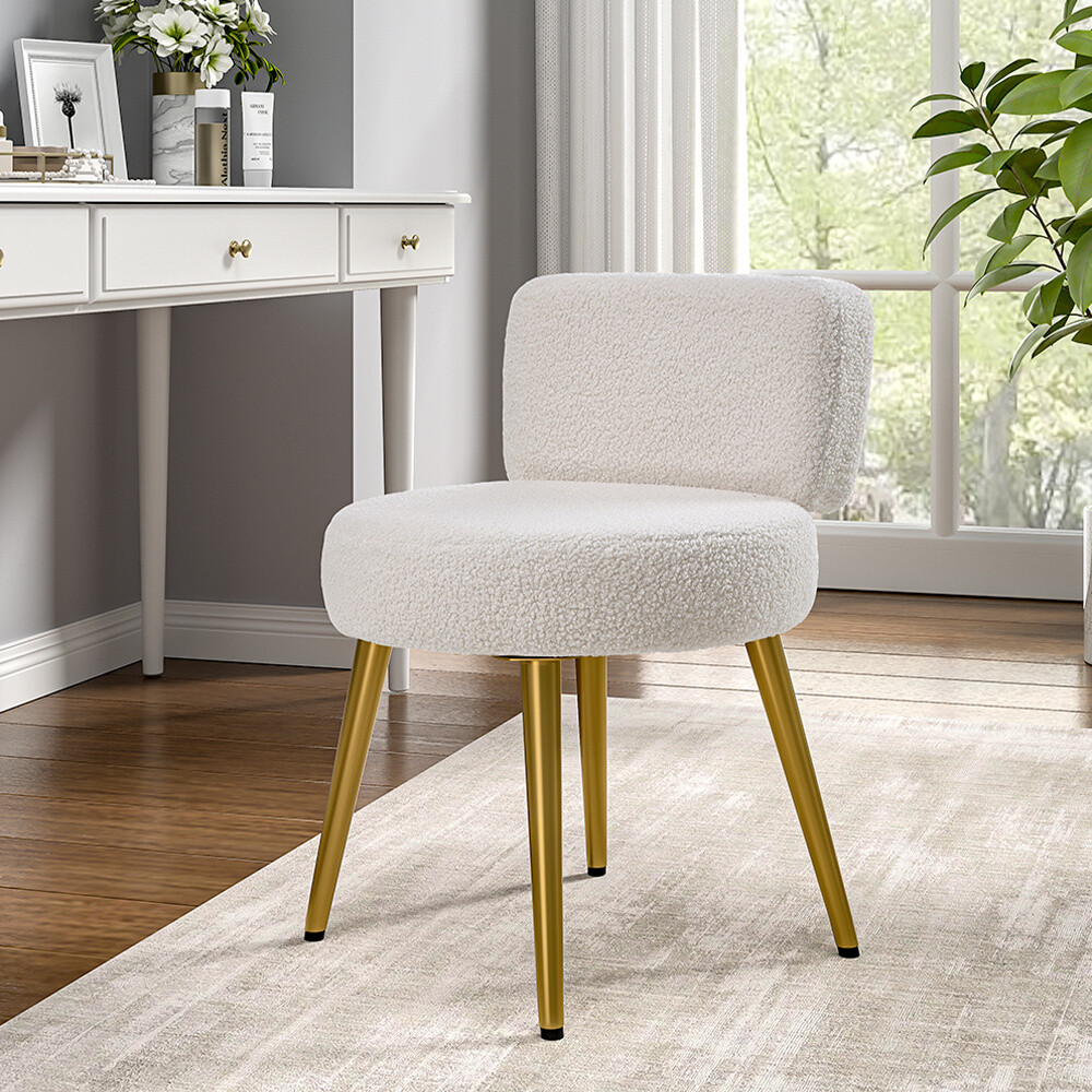 dressing table chair with gold legs Gold Dressing Table Chair Swivel Vanity Chair With Gold Legs, White Fuzzy Desk Chairs For