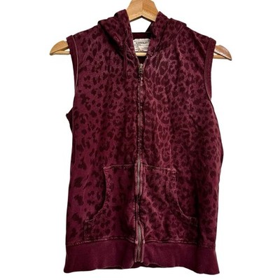 Current Elliot Women s Burgundy Vest Size 2 Leopard Print Zip Up Hooded USA Made