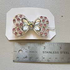 Bow hair clip Silver Pink Clear Glass Stones Metal Teardrop 2.5 Inch