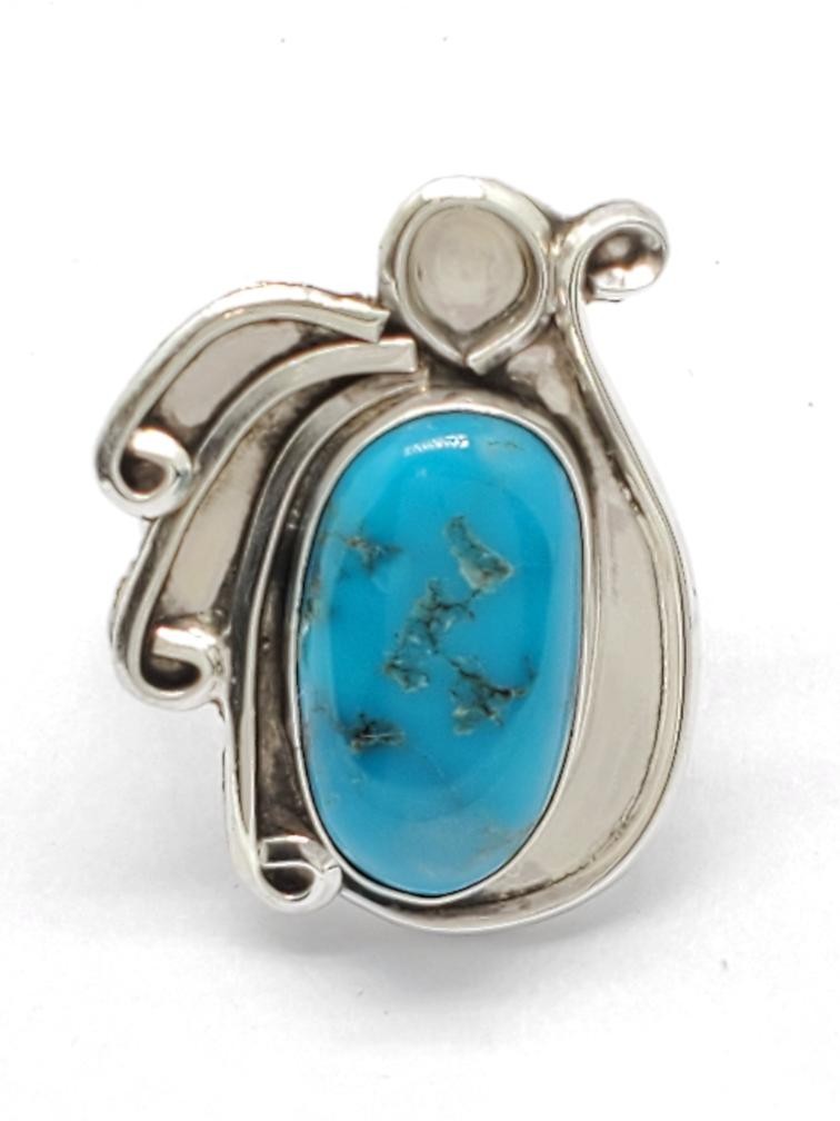 925 Solid Silver Cabochon Oval Cut Turquoise Ring… - image 1
