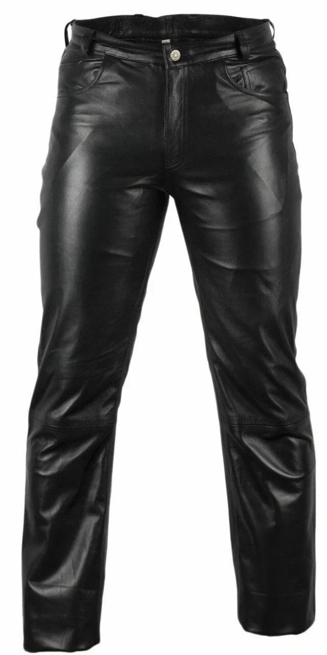 Men's Real Black Lambskin Soft Leather biker Style 501 Pant Sexy Smil Fit
