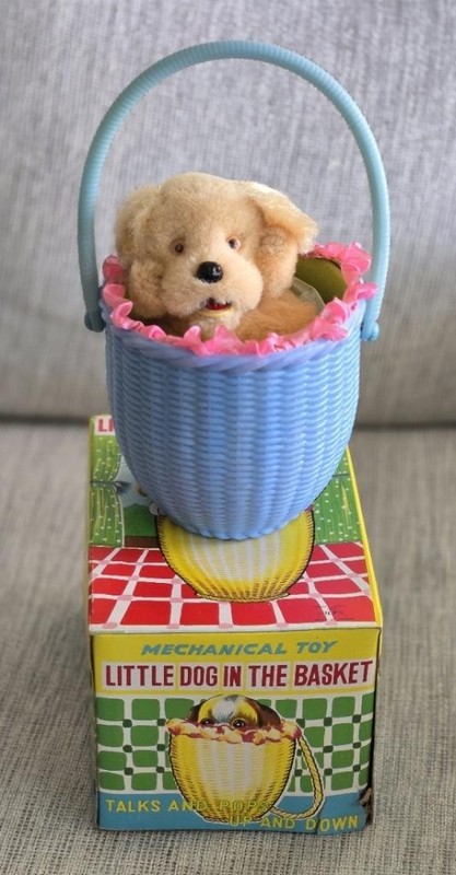 Vintage 1950s Little Dog in Basket Wind Up Toy