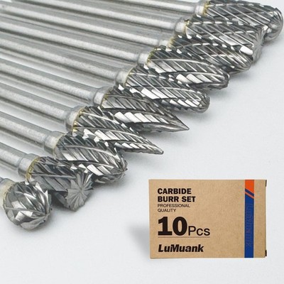 10PCS Carbide Burr Bits Set 1/8'' Rotary Tool Double-Cut for Wood Metal Grinding