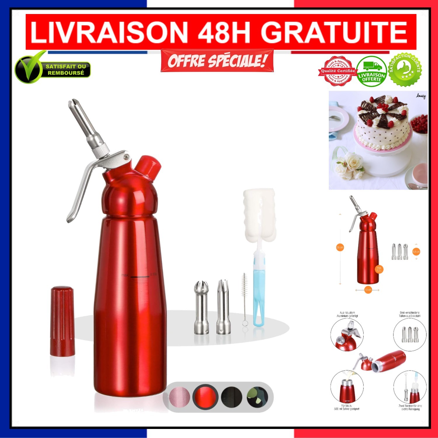 Siphon chantilly Amazy en inox 0,5L rouge avec 3 douilles