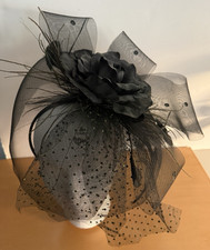 Black Mesh Feather Floral Fascinator Hat with Fabric Rose Veil Netting