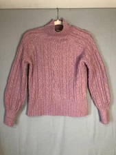 Rachel Zoe sz M Chenille Cable Knit Mock Neck Sweater Heavyweight Bishop Sleeves