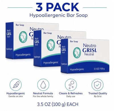 Neutro Grisi Neutral Soap 3 Pack 3.5 oz Bars Gentle pH Balanced Daily Skin Care