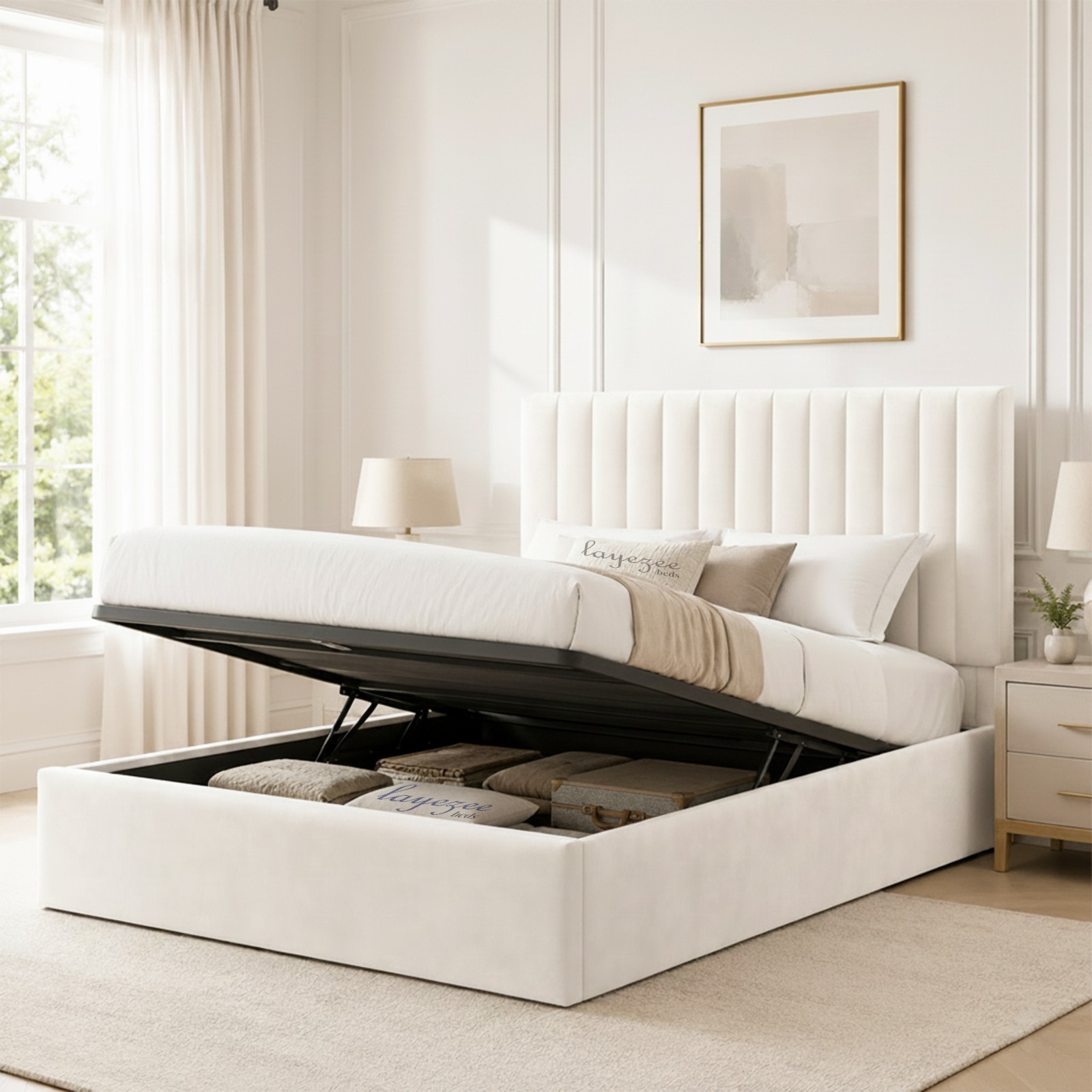 happybeds Phoenix Ottoman Bed White Finish Modern Frame Bedroom Comfort 4'6'' Double 135 x 190 cm 19 Low Profile Ottoman Storage bed Frame Upholstered Plush Velvet - Lined Headboard