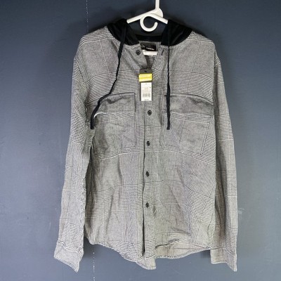 Original Use Plaid Flannel Hoodie Shirt Black Gray Long Sleeve Button Up Size L