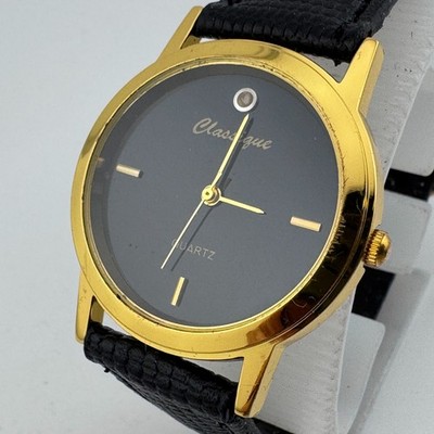 Classique Quartz Watch Men Small 33mm Gold Tone Black Leather Analog New Battery