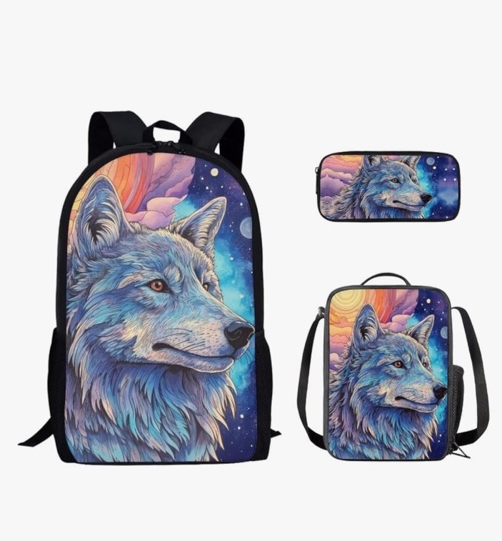 Starry Sky Wolf 17" Kids Bookbag with Lunch Box And Pencil Case image 2