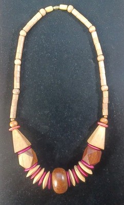 1980's Wooden Necklace Pink Beige Brown Unique Retro Vintage Beautiful 