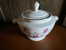 Vintage Tangshan Fine Bone China Sugar Bowl White W/ Pink Roses