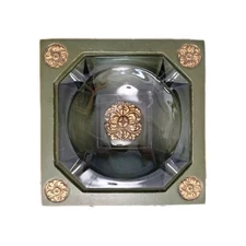 Vtg Gold Green Gilt Flowers Ceramic Ashtray Glass Insert 2 Piece Set 10" 50s 60s