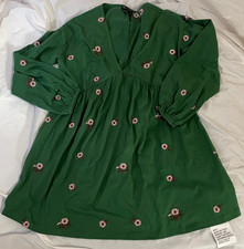 NWOT Asos Design Womens Sz 4 Green Embroidered Floral Long Sleeve Dress Boho