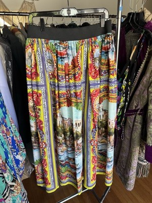 Dolce & Gabbana Womens Scenic Pleated A-Line Midi Skirt Cotton 48 Zip