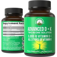 Advanced Vitamin D 5000 IU with All 3 Types of K by D3 K2 K1 MK-7 MK7 MK4 60