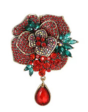 Red Crystal Flower Brooch Rhinestone Floral Pin Gold Tone Statement Jewelry Gift