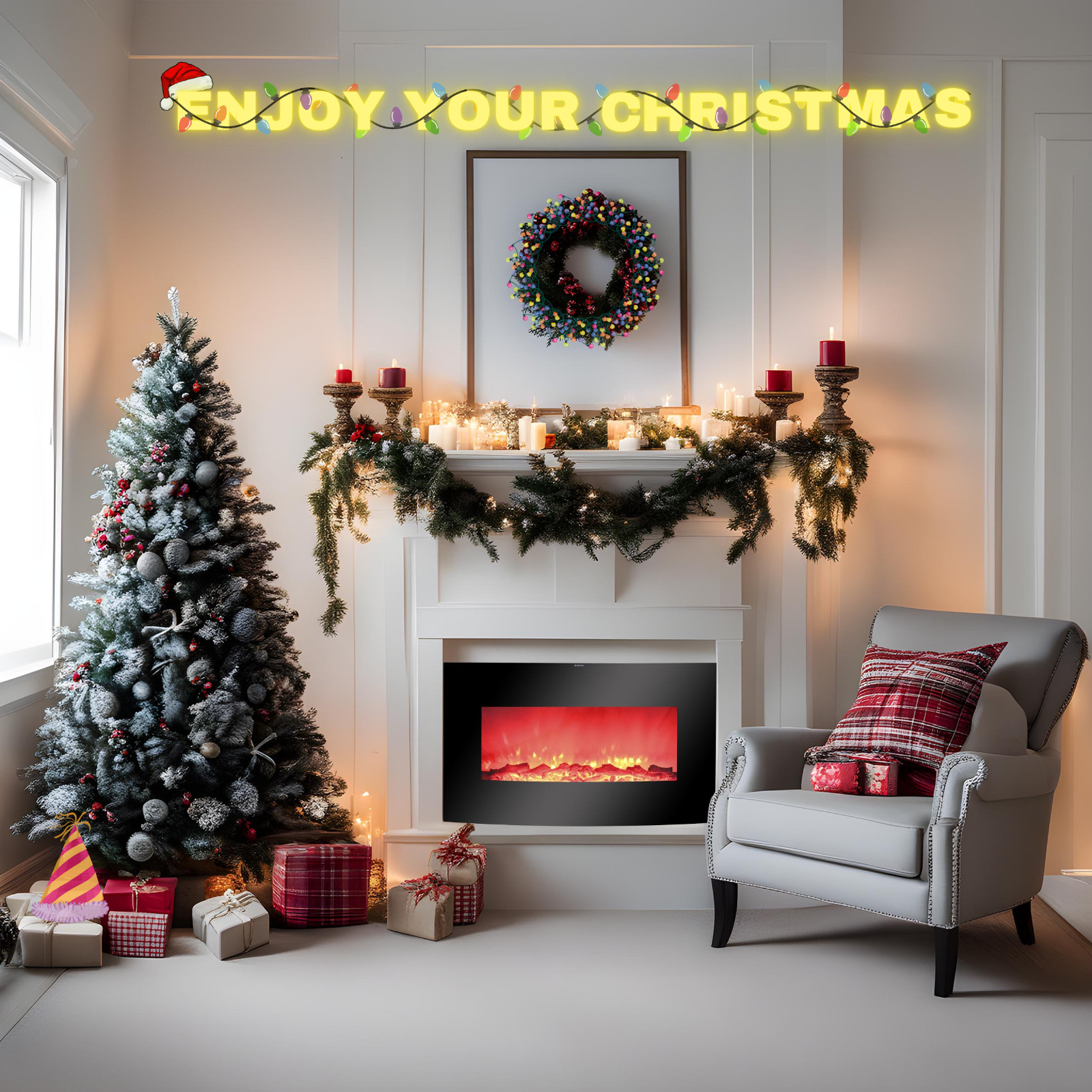 38 Inch Electric Fireplace Heater Stove | Tempered Glass Cur