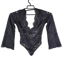 Women's Black Vintage Shirley Of Hollywood Lace Bodysuit Belle Sleeves Size L