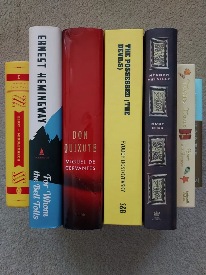 7 Classic Book Lot Dostoevsky Hemingway Melville Eliot Stevenson Cervantes Defoe Foto 3 de 4