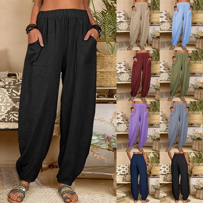 Plus Size Ladies Cotton Linen Harem Pants Elastic Waist Casual Trousers Joggers