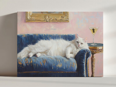 Langhaarige weiße Katze auf der Kutsche mit Martini Leinwandbild, skurrile Kunst