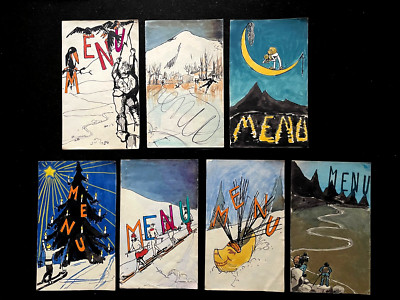 SET MIT 7 BEMALTEN MENÜS ZUM THEMA BERG UND SKI.