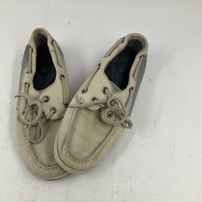 Womens Sperry Top Sider Leather Upper Boat Shoes Sz 6M Beige/Blue Leather/Canvas