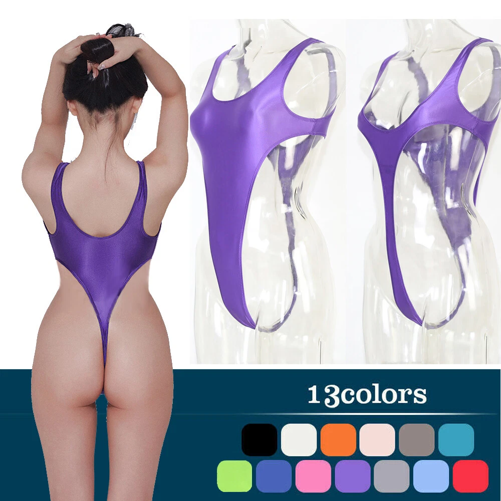 Women Sexy Swimwear Shiny Glossy Tight Leotard One-Piece Bodysuits Swimsuit  Bath