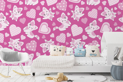 3D Heart Cat Pink Pattern Kids Self-adhesive Removeable Wallpaper Wall Mural
