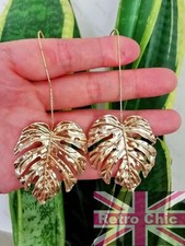 Gold Large Monstera Leaf Palm Tree Tropical Long Dangle Earrings Zara Big Leaves