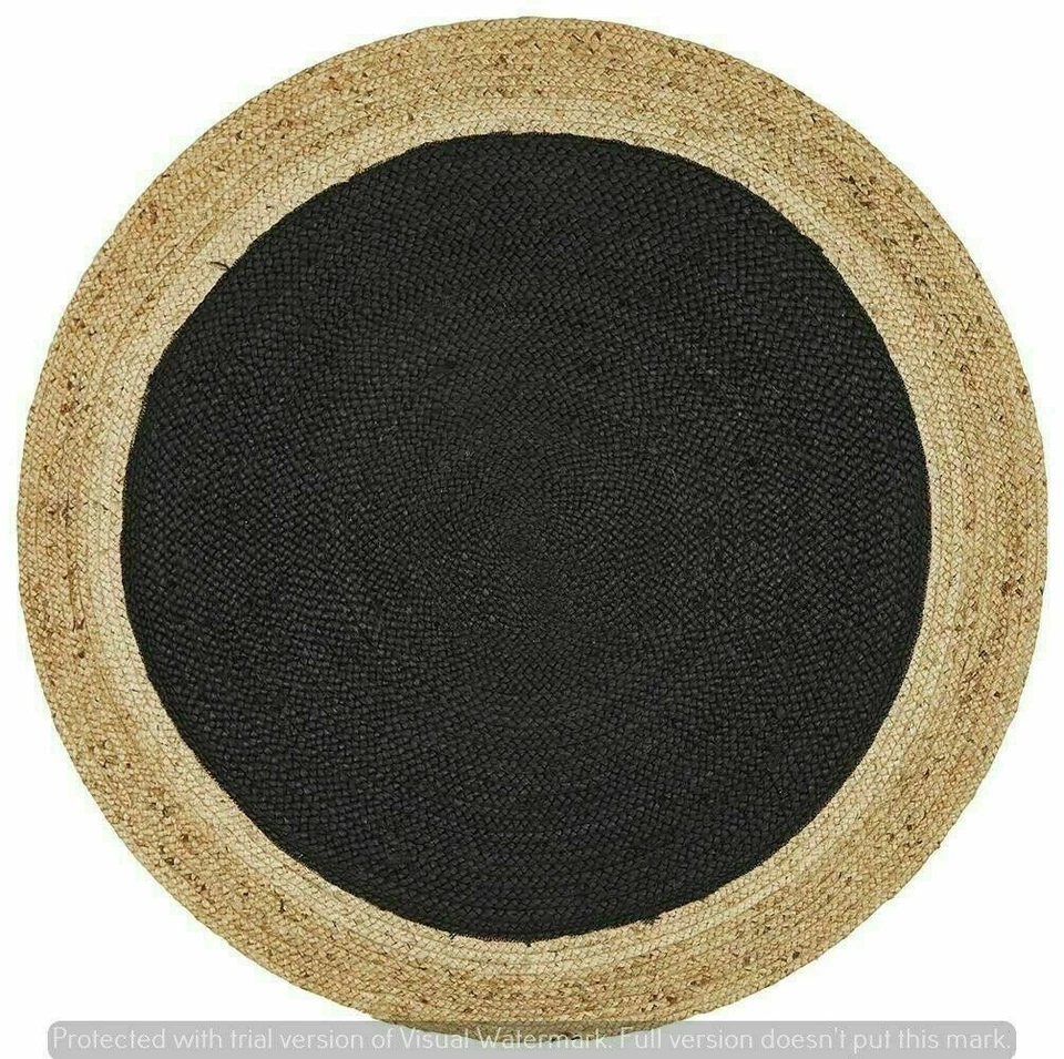 Jute Rug Round Black with Beige Border Hand Braided Jute Natural Fiber Area Rug - Image 2 of 4