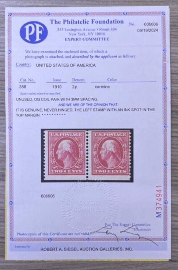 MOMEN: US STAMPS #388 COIL PAIR MINT OG NH 2 PF CERTS LOT #92000-1  display picture 1