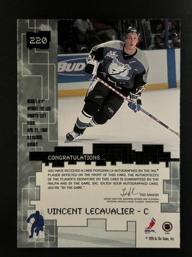 Vincent Lecavalier 1999 ITG Be A Player Millenium Signature Series Gold Auto - Picture 2 of 2