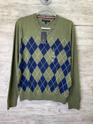 Tommy Hilfiger Sweater Mens M Green V Neck Pullover Argyle Diamond Long Sleeve